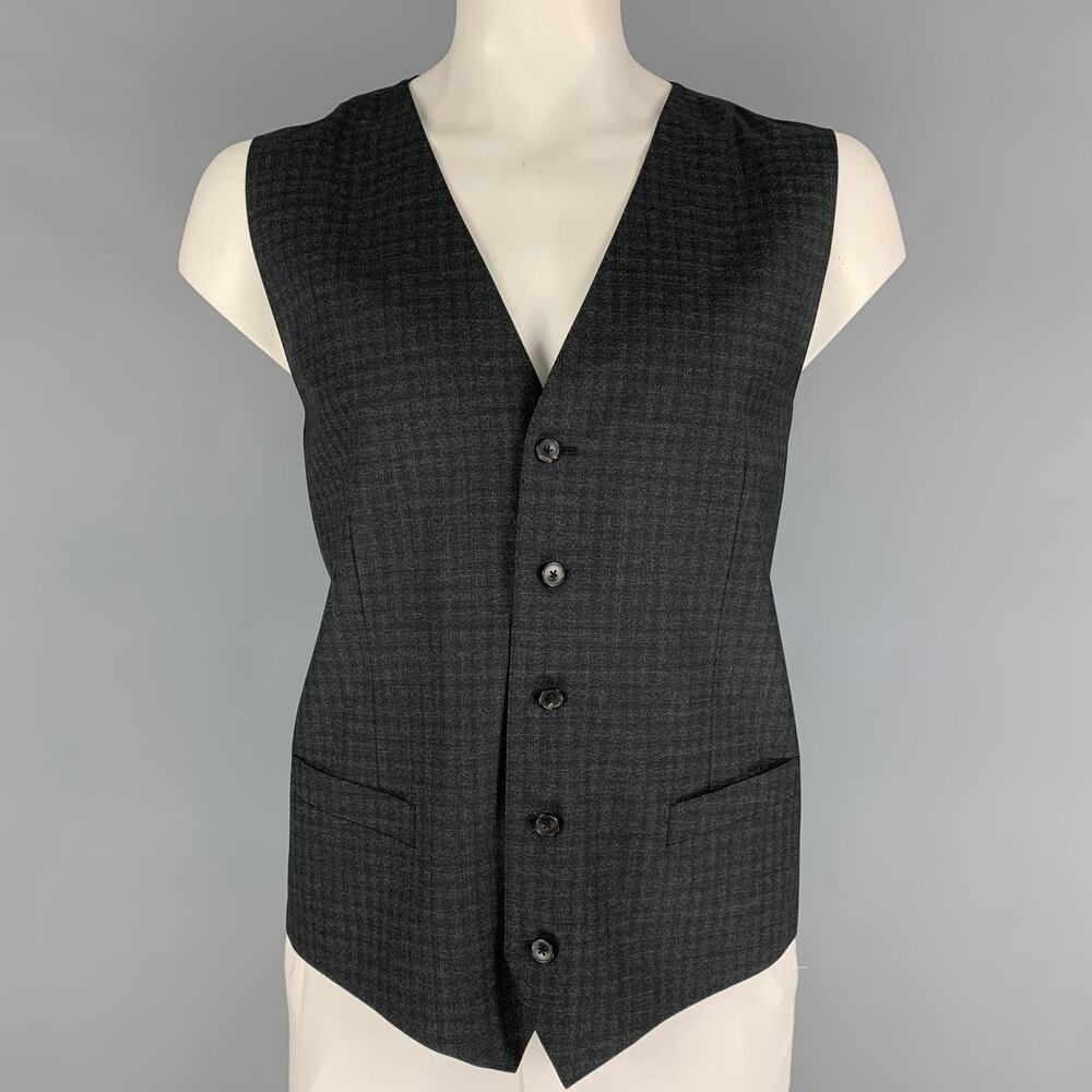 DOLCE & GABBANA Size 46 Charcoal Plaid Wool Buttoned Grey Vest